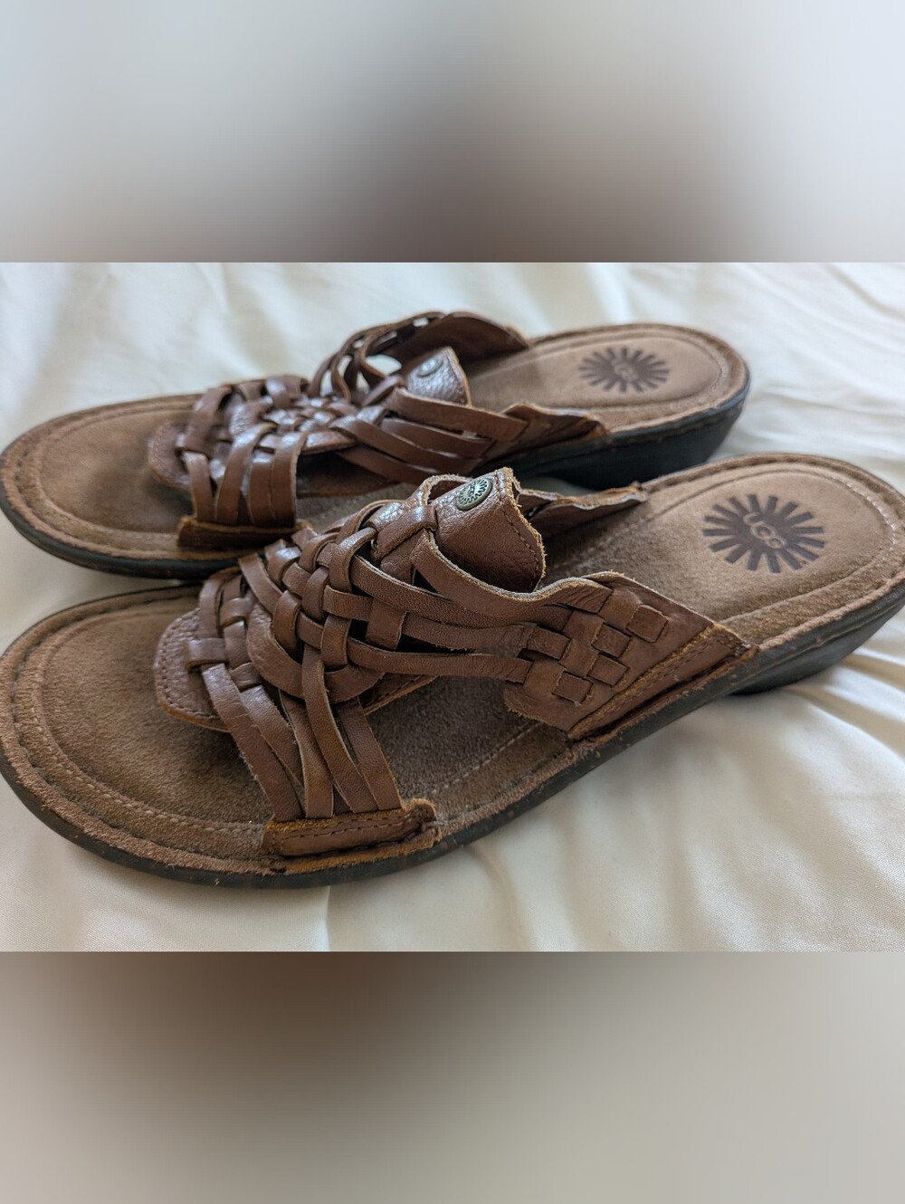 UGG Women’s Brown Woven Leather Slide Sandals